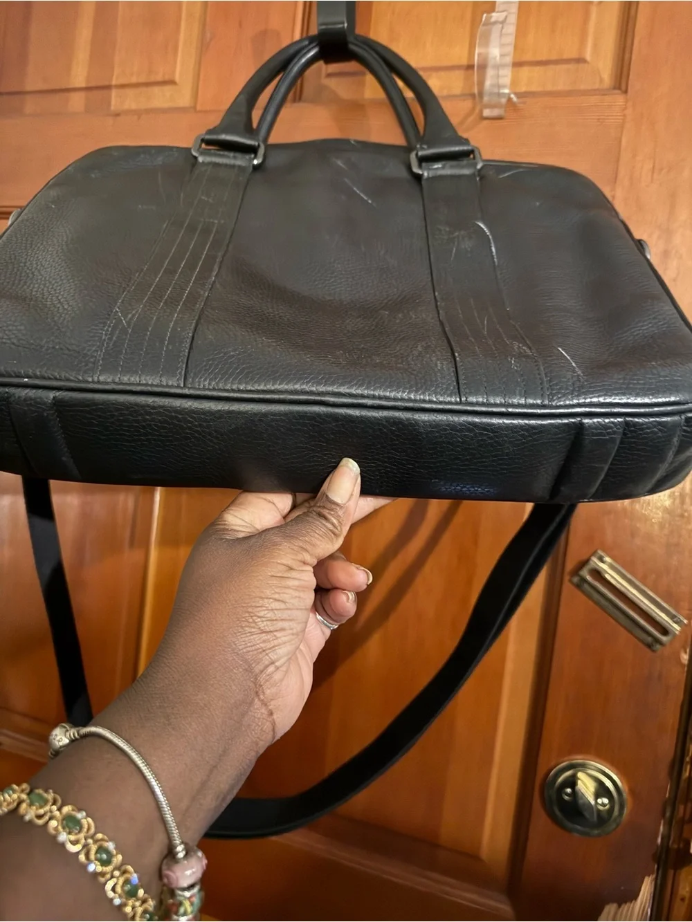 Boss Black Pebbled Leather Laptop Briefcase with Shoulder Strap